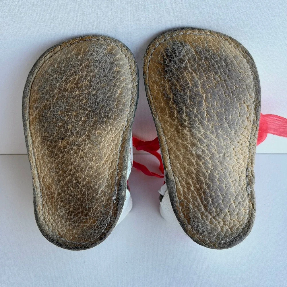 Vintage Baby Shoes Girls 3.5C White Leather Pink Ribbon Crib Shoes‎